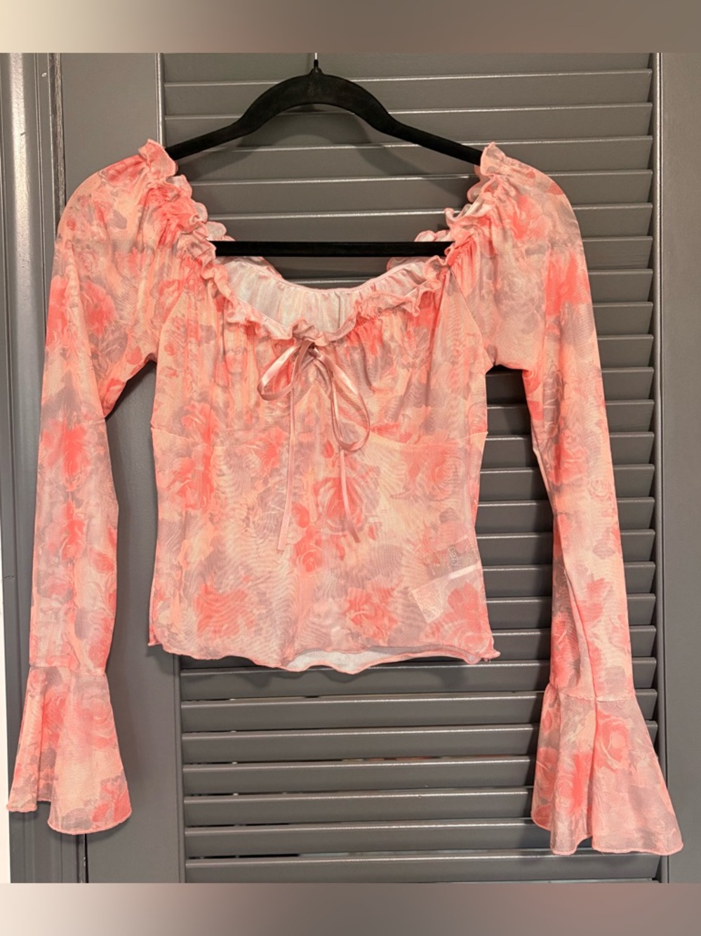 Sheer Pink Floral Ruffle Bell Sleeve Top